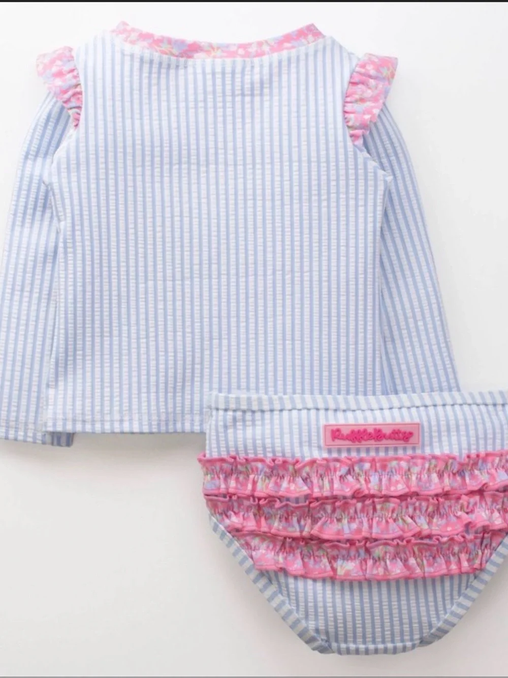 Ruffle Butts Blue Stripe Rash Guard with Pink Ruffle Diaper Cover